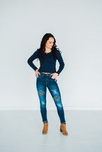 Load image into Gallery viewer, Rubies & Honey Mid-Rise Camo Leopard Patch Distressed Dark Wash Skinny Jeans ๐