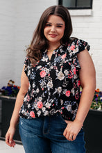Load image into Gallery viewer, Lizzy Flutter Sleeve Top in Black and Muted Pink Floral